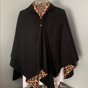 Reversible Hooded Cape Poncho Black/Leopard NWT